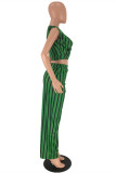Green Fashion Casual Striped Print Basic V Neck Sleeveless Two Pieces