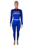 Peacock Blue Casual Print Letter Turtleneck Long Sleeve Two Pieces