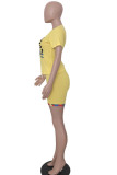 Yellow Polyester Fashion Active adult Ma'am O Neck Print Two Piece Suits Stitching Plus Size