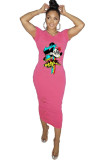Pink Polyester Fashion adult Sexy Cap Sleeve Short Sleeves O neck A-Line Mid-Calf hole Print asymmetrical