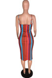 Multi-color Sexy Fashion Spaghetti Strap Sleeveless Slip Hip skirt Knee-Length Print Patchwork backless Club Dr