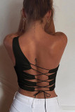 Black One Shoulder Collar Sleeveless Patchwork Solid backless Bandage HOLLOWED OUT Tops