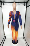 Multicolor Sexy Print Slit V Neck Long Sleeve Dresses