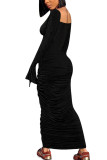 Grey Fashion Daily Adult Solid Fold Bateau Neck Long Sleeve Floor Length A Line Dresses