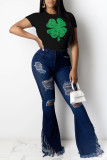 White Fashion Casual Print Basic O Neck Tops