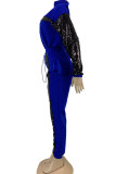 Black Polyester Sexy Solid Sequin Patchwork Two Piece Suits asymmetrical pencil Long Sleeve