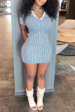 Sky Blue Fashion Casual Striped Print Basic V Neck Short Sleeve Dress
