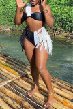 White Fashion Sexy Patchwork Tassel Backless Swimwears Set