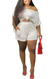 White Polyester Fashion adult Ma'am OL Striped Two Piece Suits Straight Short Sleeve Two Pieces