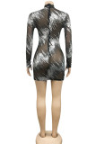 Champagne Sexy Geometric Embroidered Sequins Split Joint See-through O Neck Pencil Skirt Dresses