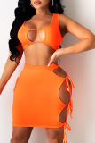 Orange Sexy Solid Hollowed Out Square Collar Sleeveless Two Pieces