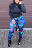 Camouflage Print Patchwork Skinny Mid Waist Pencil Bottoms