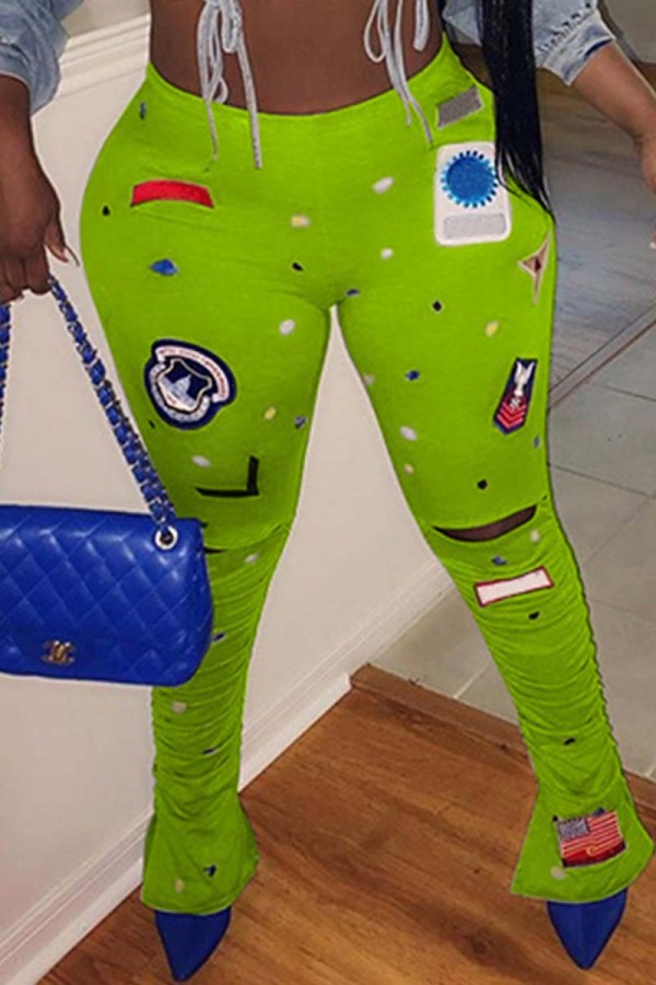 Fluorescent Green Fashion Casual Print Ripped Skinny High Waist Trousers