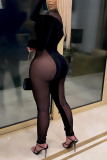 Black Sexy Patchwork Mesh O Neck Skinny Jumpsuits