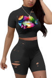 Black Polyester Fashion Active adult Ma'am Print Burn-out Two Piece Suits pencil Short Sleeve Two Pieces