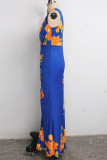 blue and yellow Sexy Long Sleeves V Neck pleated Floor-Length Print Patchwork Dresses