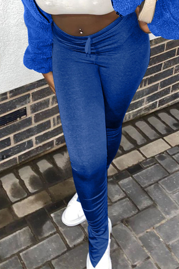 Blue Casual Solid Fold Boot Cut Bottoms