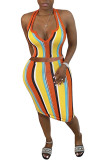 Orange Fashion adult Ma'am Lightly cooked Striped Two Piece Suits Hip skirt Sleeveless Two Pieces