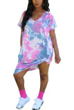 Green Fashion Sexy adult Green Pink rose red Cap Sleeve Short Sleeves V Neck A-Line Mid-Calf Print Patchwork Tie and dye Dresses