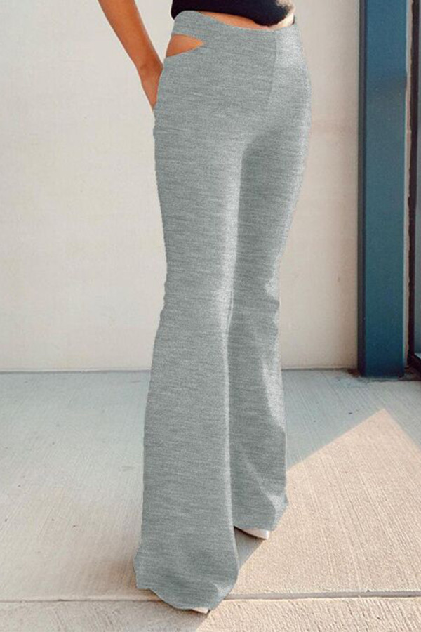 Grey Casual Solid Hollowed Out Regular High Waist Wide Leg Solid Color Bottoms