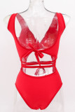 Red Sexy Solid Backless Swimwears