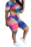 Blue Fashion Casual Active Polyester Print Tie Dye Short Sleeve Two Pieces