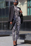 Black Polyester Sexy Two Piece Suits Patchwork Striped pencil Long Sleeve