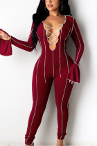 Wine Red Sexy Polyester Solid Bandage Split Joint O Neck Jumpsuits