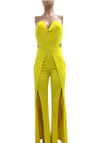 Yellow Fashion Sexy Solid Split Sleeveless Wrapped Jumpsuits