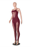 Burgundy Fashion Sexy Solid Ripped Hollowed Out Backless Spaghetti Strap Skinny Jumpsuits