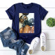 Navy Blue Fashion Casual Print Basic O Neck T-Shirts