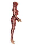 Red Casual Leopard Patchwork Hooded Collar Long Sleeve Two Pieces
