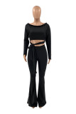 Black Work Daily Solid Bateau Neck Long Sleeve Two Pieces