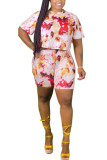 Pink Polyester Fashion Sexy adult Ma'am Patchwork Print Two Piece Suits Straight Short Sleeve Two Pieces