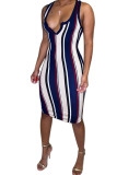Blue Polyester Fashion Sexy Red Blue Pink Yellow Wine Red Navy Blue Tank Sleeveless V Neck Hip skirt Knee-Length Striped Dresses