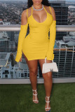 Pink Fashion Sexy Solid Backless Slit Long Sleeve Dresses