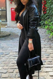 Red Fashion Street Adult Faux Leather Solid With Belt Turndown Collar Outerwear