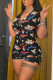 Black Casual Living Print Basic V Neck Skinny Romper