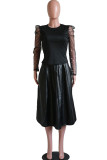 Black PU Street perspective Solid Mesh Patchwork A-line skirt Long Sleeve Two-Piece Dress