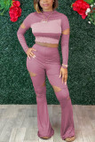 Pink Sexy Solid Ripped Patchwork Fold O Neck Long Sleeve Two Pieces