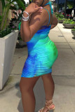 Blue Fashion Sexy Print Hollowed Out Backless Spaghetti Strap Sleeveless Dress
