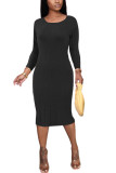 Black Polyester Fashion Sexy adult Ma'am Cap Sleeve Long Sleeves O neck Step Skirt Mid-Calf Solid backless Dresses