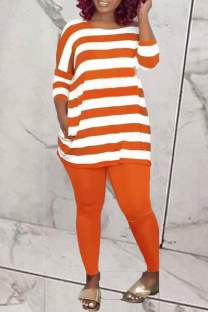 Tangerine Red Casual Striped Split Joint O Neck Half Sleeve Two Pieces