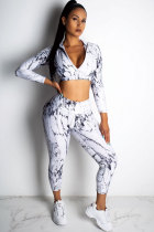 White Polyester Sexy Fashion HOLLOWED OUT Print asymmetrical Patchwork pencil Three Quarter Two-piece Pan