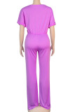 purple Fashion Casual Solid Polyester Short Sleeve O Neck Jumpsuits