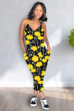 Yellow Fashion Sexy Floral Print Patchwork Sleeveless Slip Jumpsuits