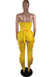 Yellow Fashion Sexy stringy selvedge Patchwork Solid Polyester Sleeveless Wrapped Jumpsuits