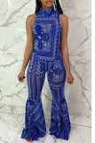 Blue Network Sexy Print Mesh perspective HOLLOWED OUT Boot Cut Sleeveless Two Pieces