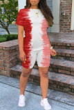 Red Casual Print Patchwork O Neck Short Sleeve Two Pieces