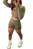 Army Green Polyester Fashion Sexy adult Ma'am Solid Two Piece Suits pencil Long Sleeve Two Pieces